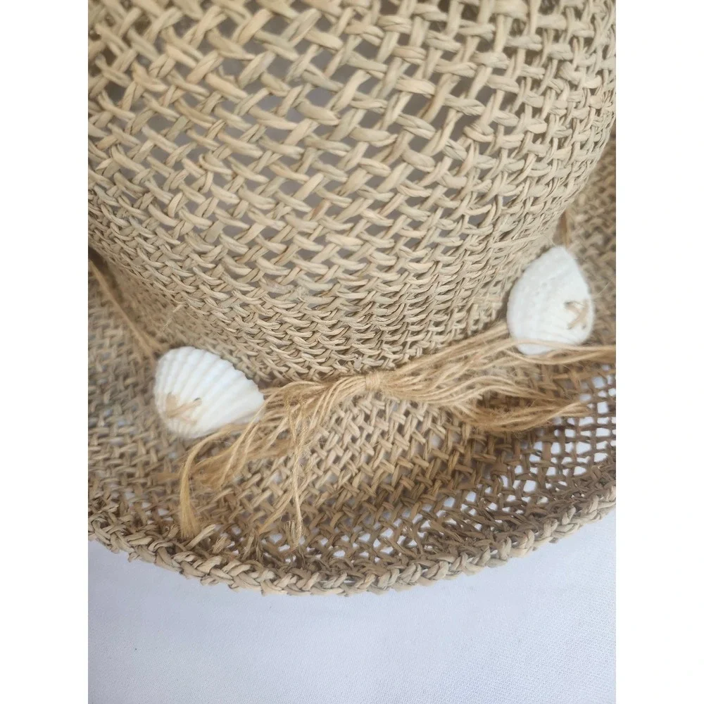 Woven Straw Beach Sun Hat with Seashell Detail Natural Tan Boho Summer Accessory